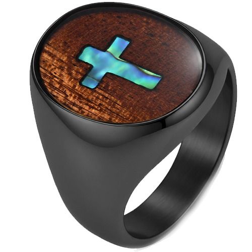 ****COI Titanium Black/Gold Tone/Silver Ring With Abalone Shell & Koa Wood-02269BB