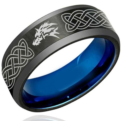 COI Titanium Black Blue Wolf Celtic Beveled Edges Ring - 1222