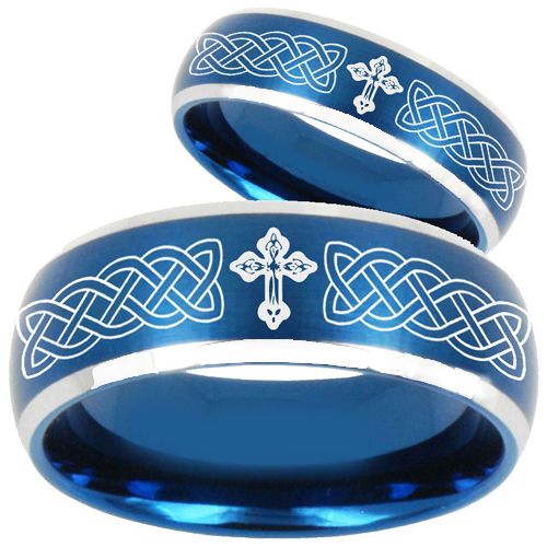 COI Titanium Blue Silver Cross Celtic Beveled Edges Ring-2204
