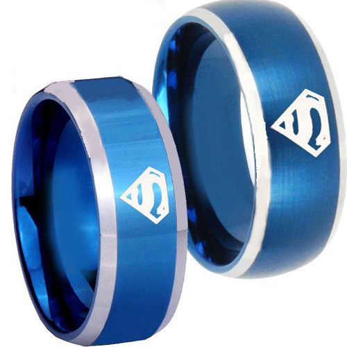 *COI Titanium Blue Silver Super Man Beveled Edges Ring - JT3722