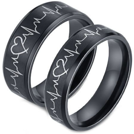 *COI Black Titanium Heartbeat & Heart Beveled Edges Ring-5874