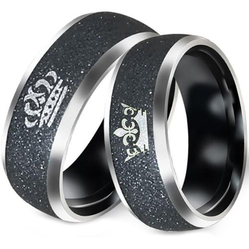 *COI Titanium Black Silver King Queen Crown Sandblasted Beveled Edges Ring-6880BB