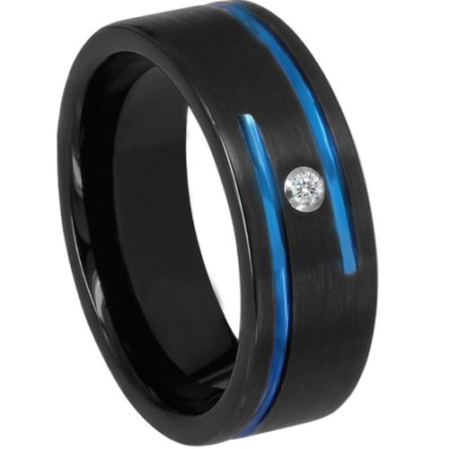 *COI Titanium Black Blue Double Grooves Ring With Cubic Zirconia-6898AA