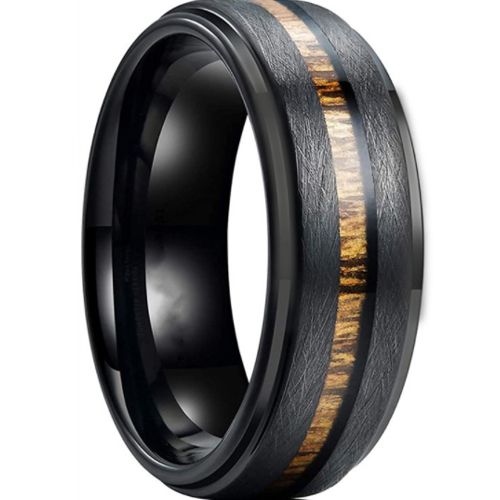 *COI Black Titanium Sandblasted Step Edges Ring With Wood-6902AA