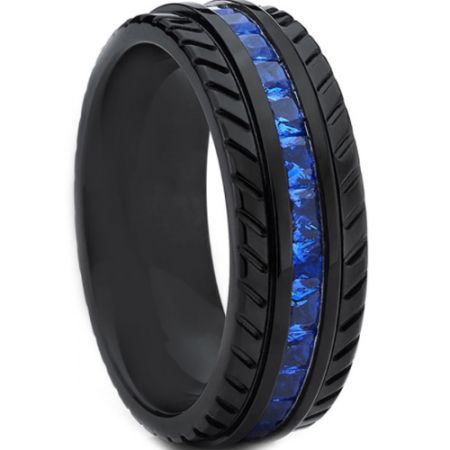 *COI Black Titanium Tire Tread Ring With Created Blue Sapphire-6903AA