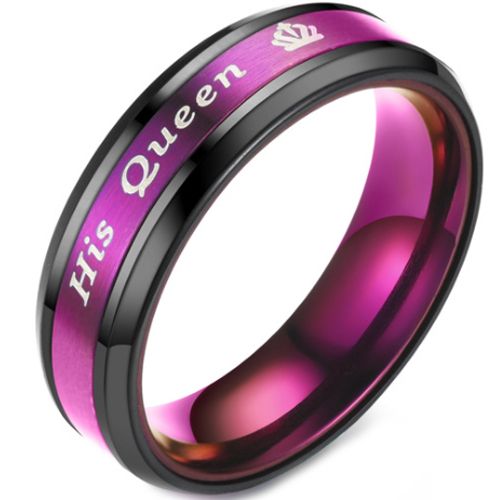 **COI Titanium Black Purple His Queen & Crown Beveled Edges Ring-6940AA