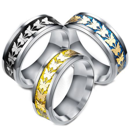 **COI Titanium Black/Gold Tone/Blue Silver Butterfly Beveled Edges Ring-6944AA