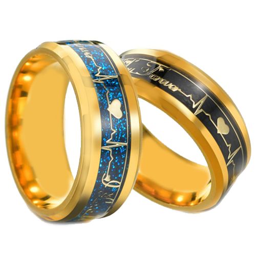 **COI Titanium Gold Tone Black/Blue Love you Forever Heartbeat Beveled Edges Ring-6948AA