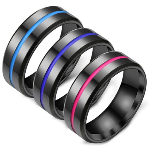 **COI Black Titanium Blue/Purple Center Groove Beveled Edges Ring-6970AA