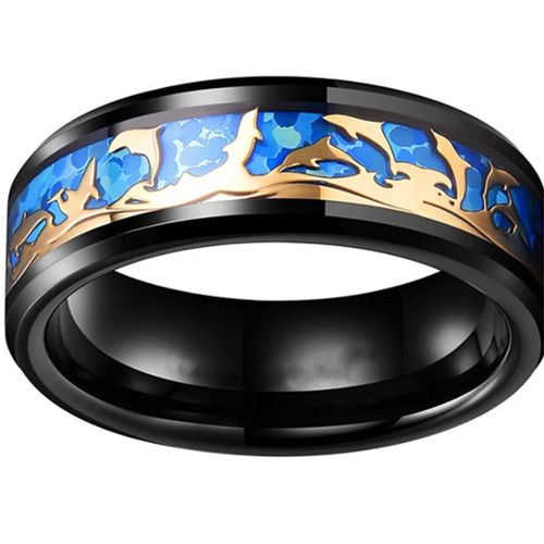 **COI Black Titanium Rose Blue Dolphin Beveled Edges Ring-6982AA