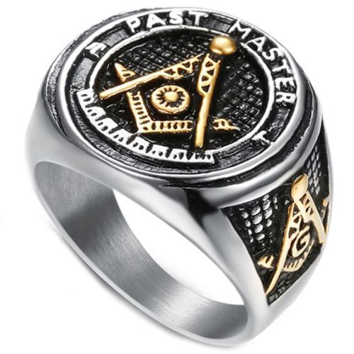 **COI Titanium Gold Tone Black Masonic Freemason Ring-6984AA