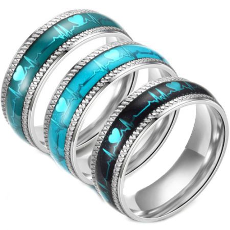 **COI Titanium Green/Blue/Black Silver Heartbeat Ring-7022AA