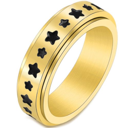 **COI Titanium Black Gold Tone/Rose/Silver Step Edges Rotating Ring With Stars-7064BB