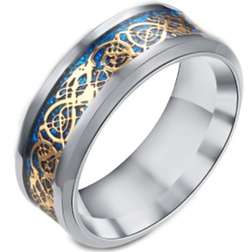 **COI Titanium Gold Tone Dragon Blue Meteorite Beveled Edges Ring-7147AA