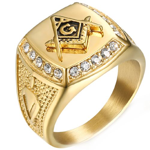 **COI Titanium Gold Tone Black Masonic Freemason Ring With Cubic Zirconia-7151AA