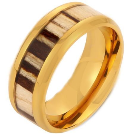 **COI Gold Tone/Black/Silver Titanium Beveled Edges Ring With Zebra Wood-7161AA