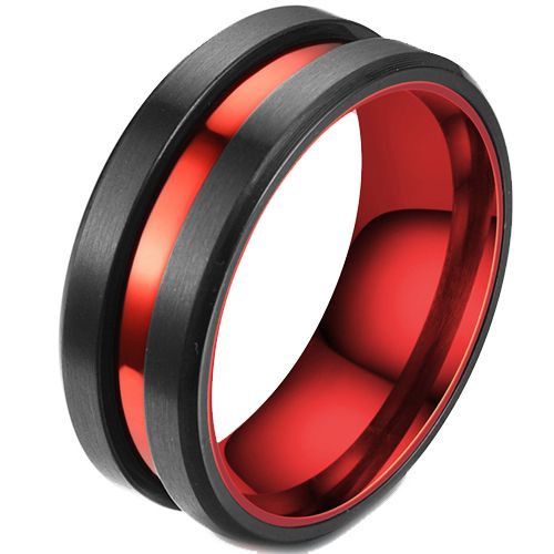 **COI Titanium Black Red Center Groove Beveled Edges Ring-7222AA