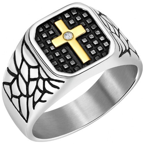 **COI Titanium Gold Tone Silver/Black Cross Ring With Cubic Zirconia-7268AA