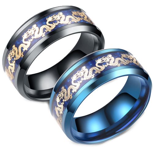 **COI Titanium Black/Blue Gold Tone Dragon Beveled Edges Ring-7367BB