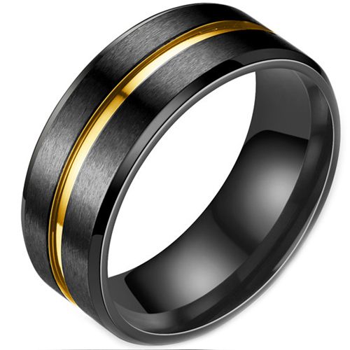 **COI Titanium Black Gold Tone Center Groove Beveled Edges Ring-7371BB