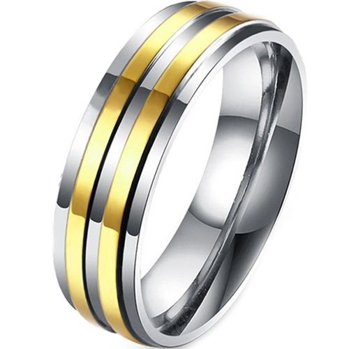 **COI Titanium Gold Tone Silver Center Groove Step Edges Ring-7372BB