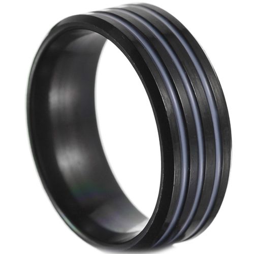 **COI Titanium Black Blue Purple Triple Grooves Beveled Edges Ring- 7406BB