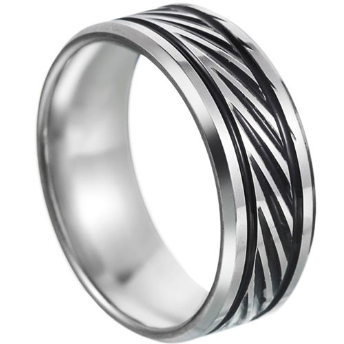 **COI Titanium Black Silver Grooves Beveled Edges Ring-7408BB