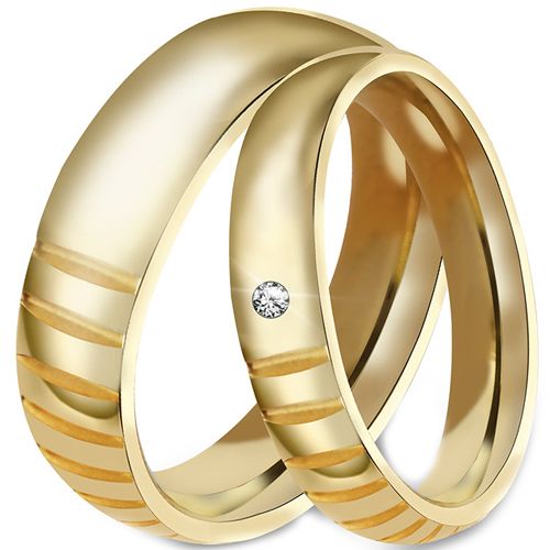 **COI Titanium Blue/Gold Tone Grooves Couple Wedding Ring-7442BB