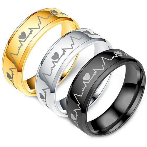 **COI Titanium Black/Gold Tone/Silver Heartbeat & Heart Beveled Edges Ring-7455BB