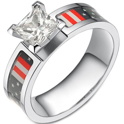 **COI Titanium American Flag Solitaire Ring With Cubic Zirconia-7498BB