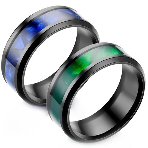 **COI Black Titanium Beveled Edges Ring With Green/Blue Camo-7619BB