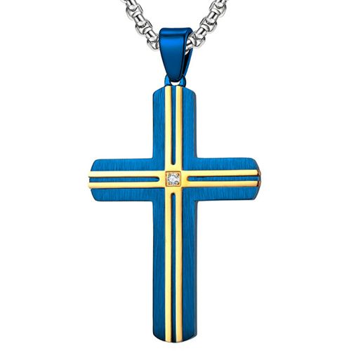 COI Titanium Blue/Black/Silver Gold Tone Cross Pendant With Cubic Zirconia-7676BB