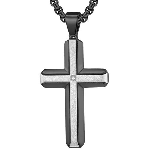 COI Titanium Silver/Black Silver/Gold Tone Silver Cross Pendant With Cubic Zirconia-7680BB