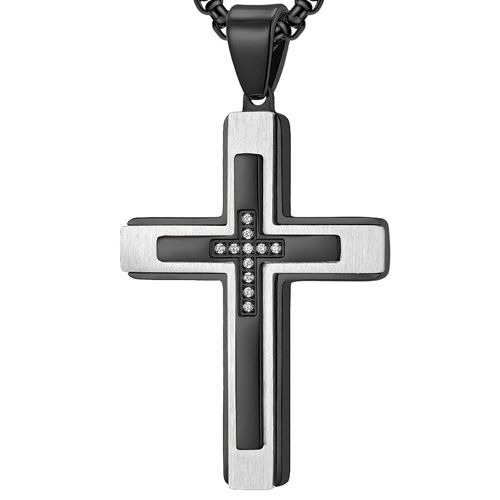 COI Titanium Black/Gold Tone Silver Cross Pendant With Cubic Zirconia-7686BB