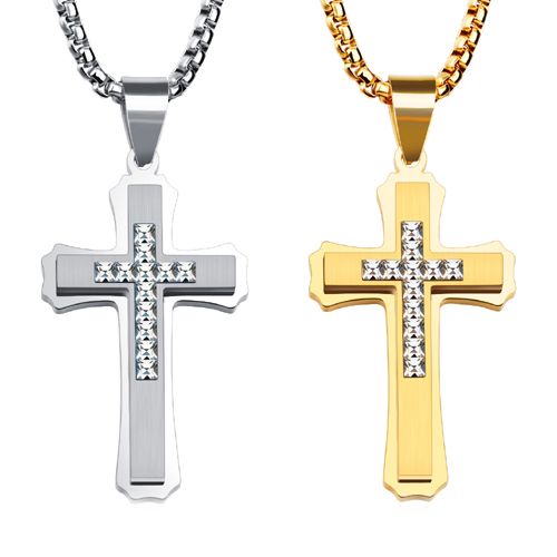 COI Titanium Gold Tone/Silver Cross Pendant Necklace With Princess Cut Cubic Zirconia-7745BB