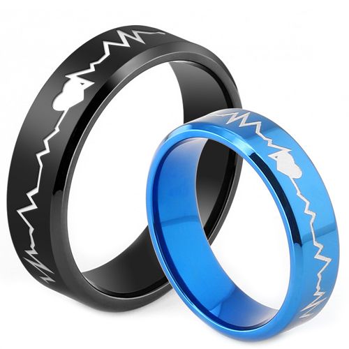 **COI Titanium Black/Blue Heartbeat & Heart Beveled Edges Ring-7766BB