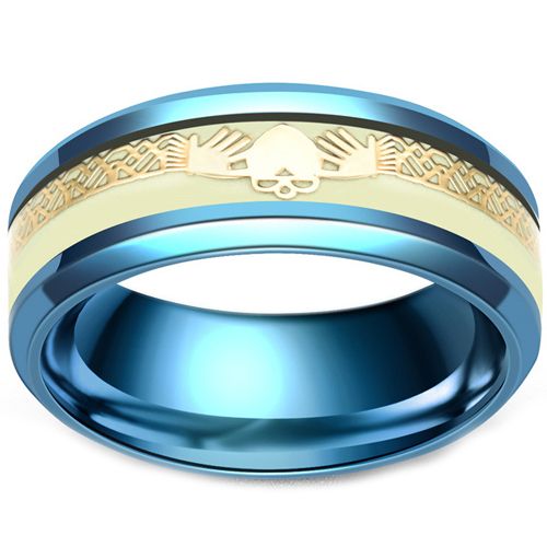 **COI Blue Titanium Mo Anam Cara Claddagh Beveled Edges Ring-7842BB