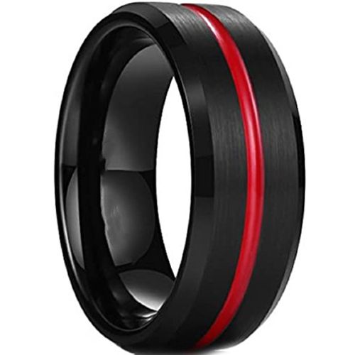 **COI Titanium Black Red Center Groove Beveled Edges Ring-7972BB