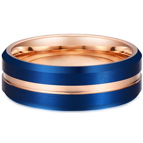 **COI Titanium Blue Rose Center Groove Beveled Edges Ring-7993BB