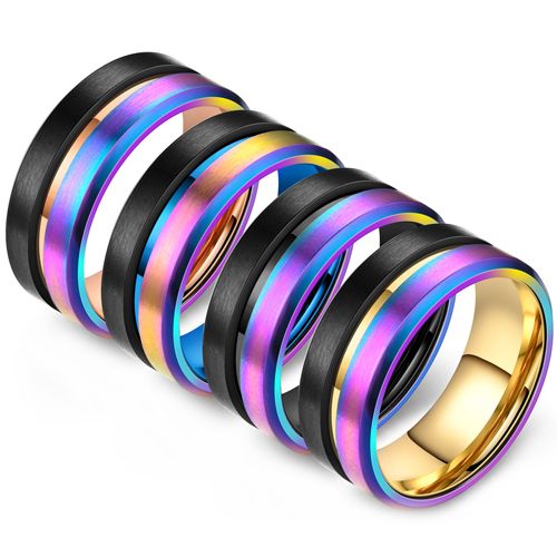 **COI Titanium Black Rainbow Center Groove Ring-8024BB