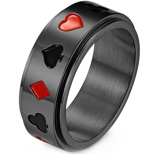 **COI Titanium Black/Gold Tone/Silver Red Aces of Spades Step Edges Ring-8113BB