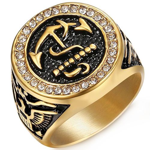 **COI Titanium Gold Tone Black Anchor Ring With Cubic Zirconia-8115BB