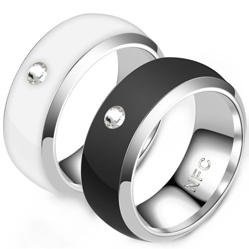 **COI Titanium Black/White Ceramic Dome Court NFC Smart Ring-8172BB