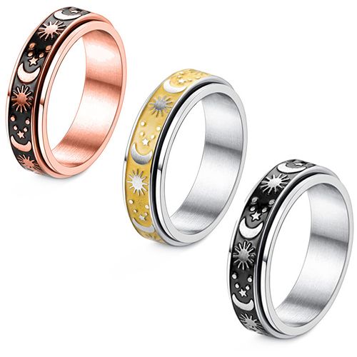 **COI Titanium Black Rose/Gold Tone Silver/Black Silver Moon & Sun Step Edges Ring-8266BB