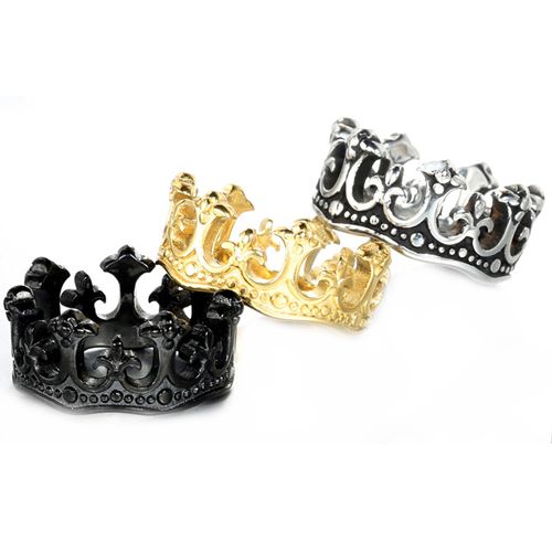 **COI Titanium Black/Gold Tone/Silver Crown Ring-8351BB