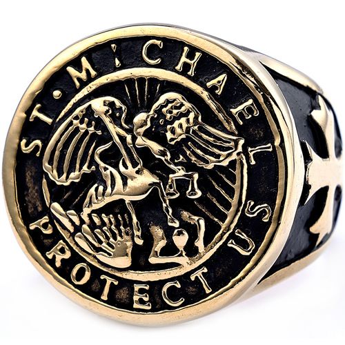 **COI Titanium Black Gold Tone/Silver/Gold Tone St Michael Protect Us Cross Ring-8355BB