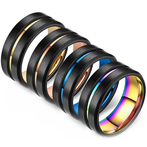 **COI Titanium Black Gold Tone/Rose/Blue/Rainbow Center Groove Beveled Edges Ring-8366BB