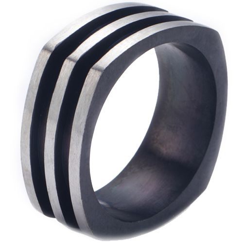 **COI Titanium Silver/Black/Gold Tone Silver Grooves Square Ring-8368BB