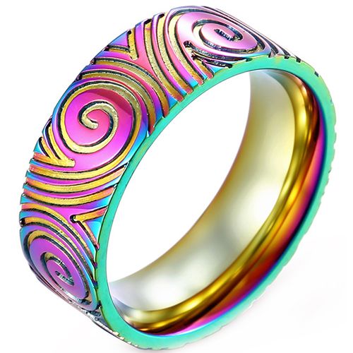 **COI Titanium Black/Silver/Rainbow Color Waves Grooves Ring-8454CC