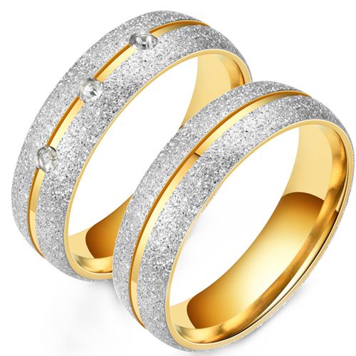 **COI Titanium Gold Tone Silver Center Grooves Sandblasted Couple Wedding Band Ring-8468BB